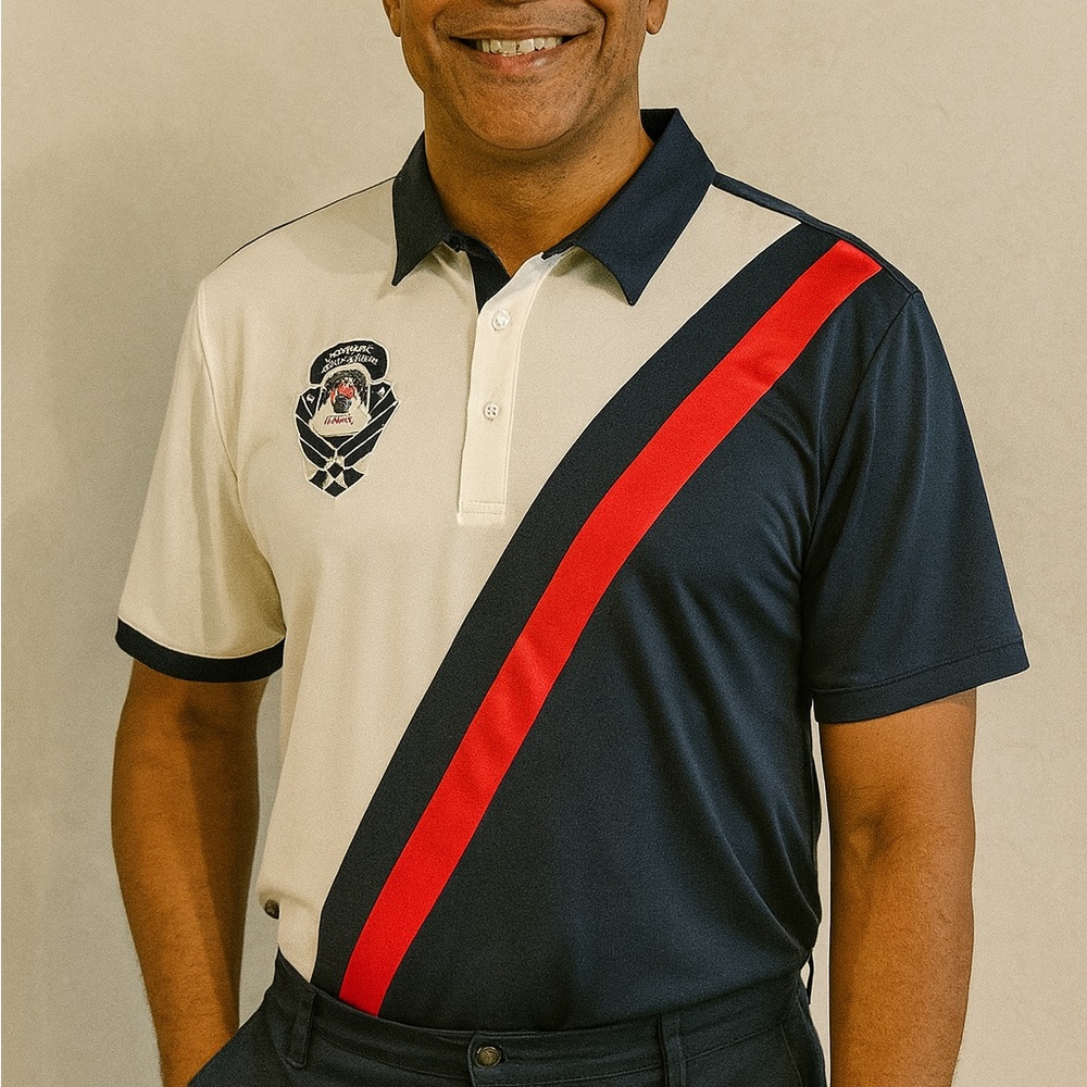 Men's Navy and White‎ Polo Shirt with Red Stripe